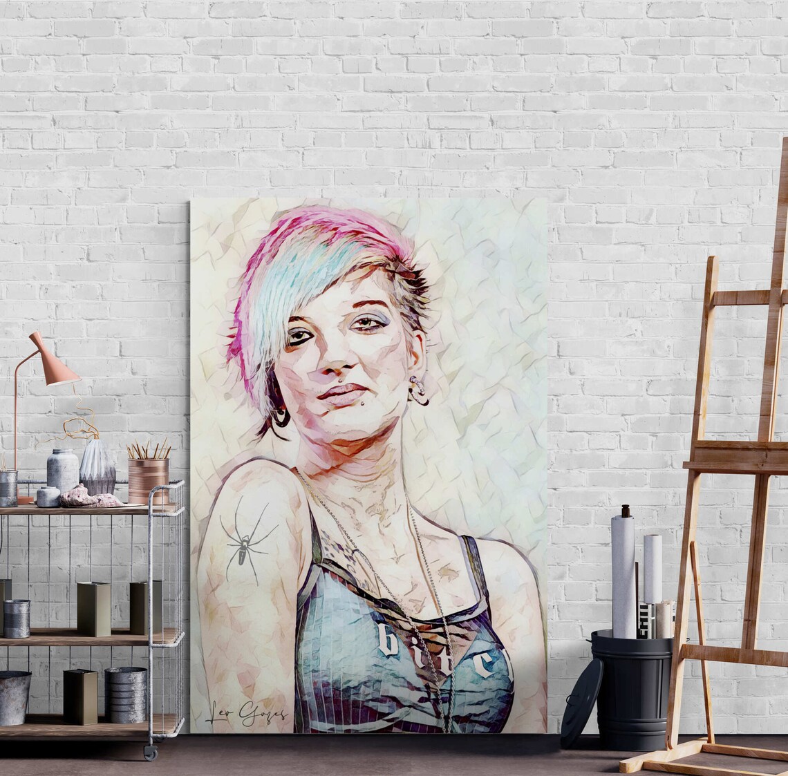 Pink Hair Punk Woman With Tattoo Bold Watercolor Portrait Poster - Image 7
