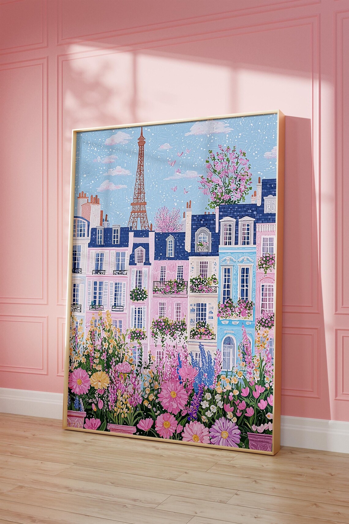 Paris France Eiffel Tower Pastel Floral Street Scene Art Print