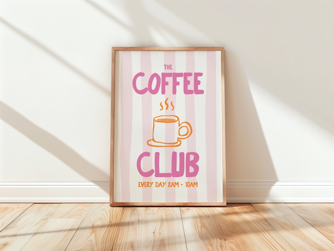 The Coffee Club Daily Morning Pink Striped Kitchen Quote Poster