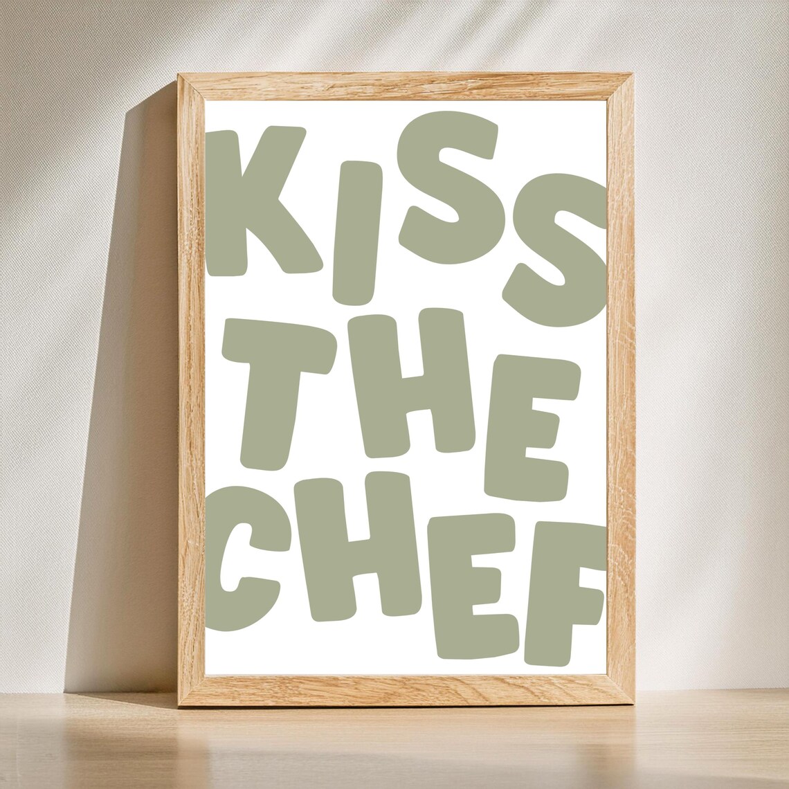 Kiss The Chef Funny Kitchen Poster Sage Green Typography Culinary Decor