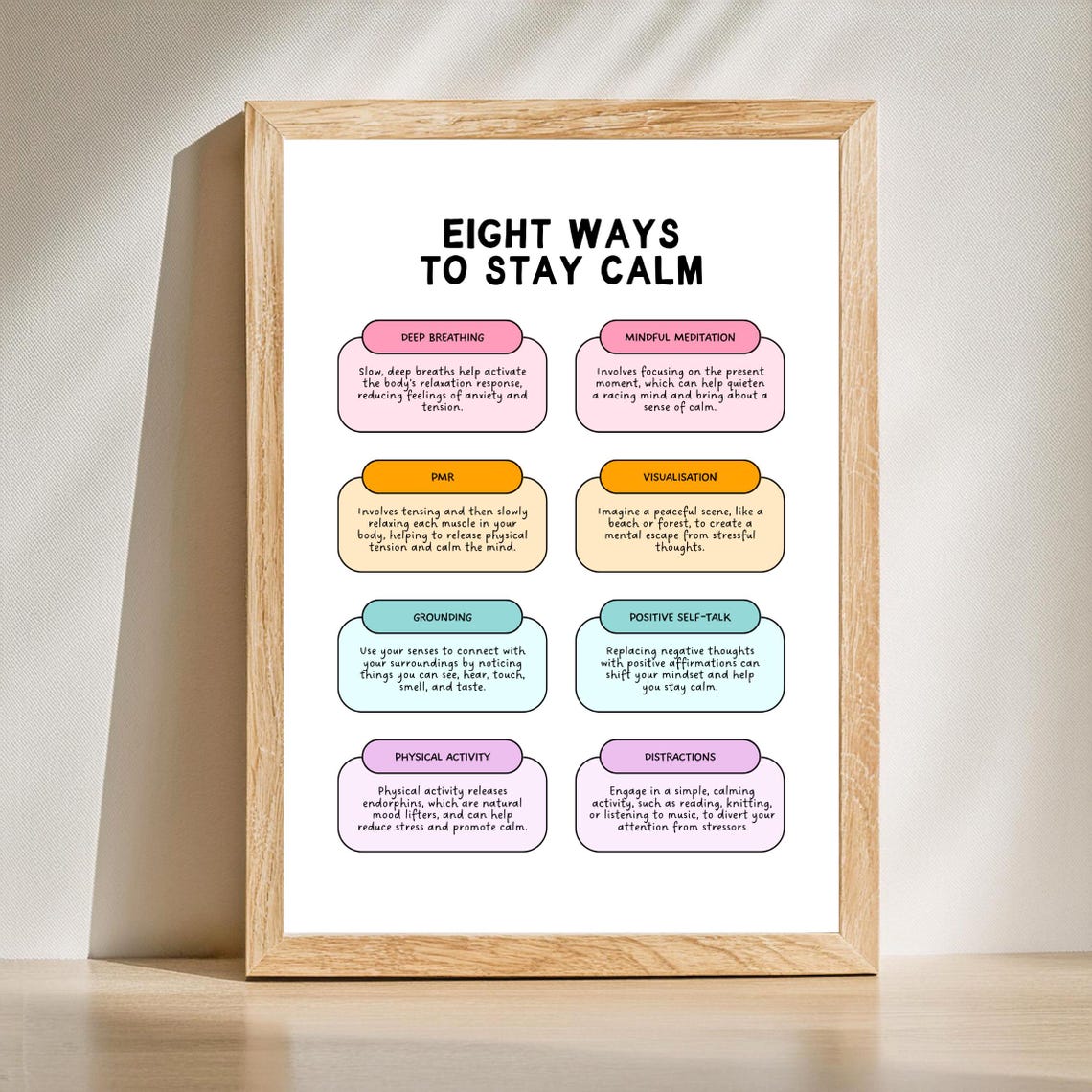 Eight Ways to Stay Calm Poster Deep Breathing and Mindfulness Tips