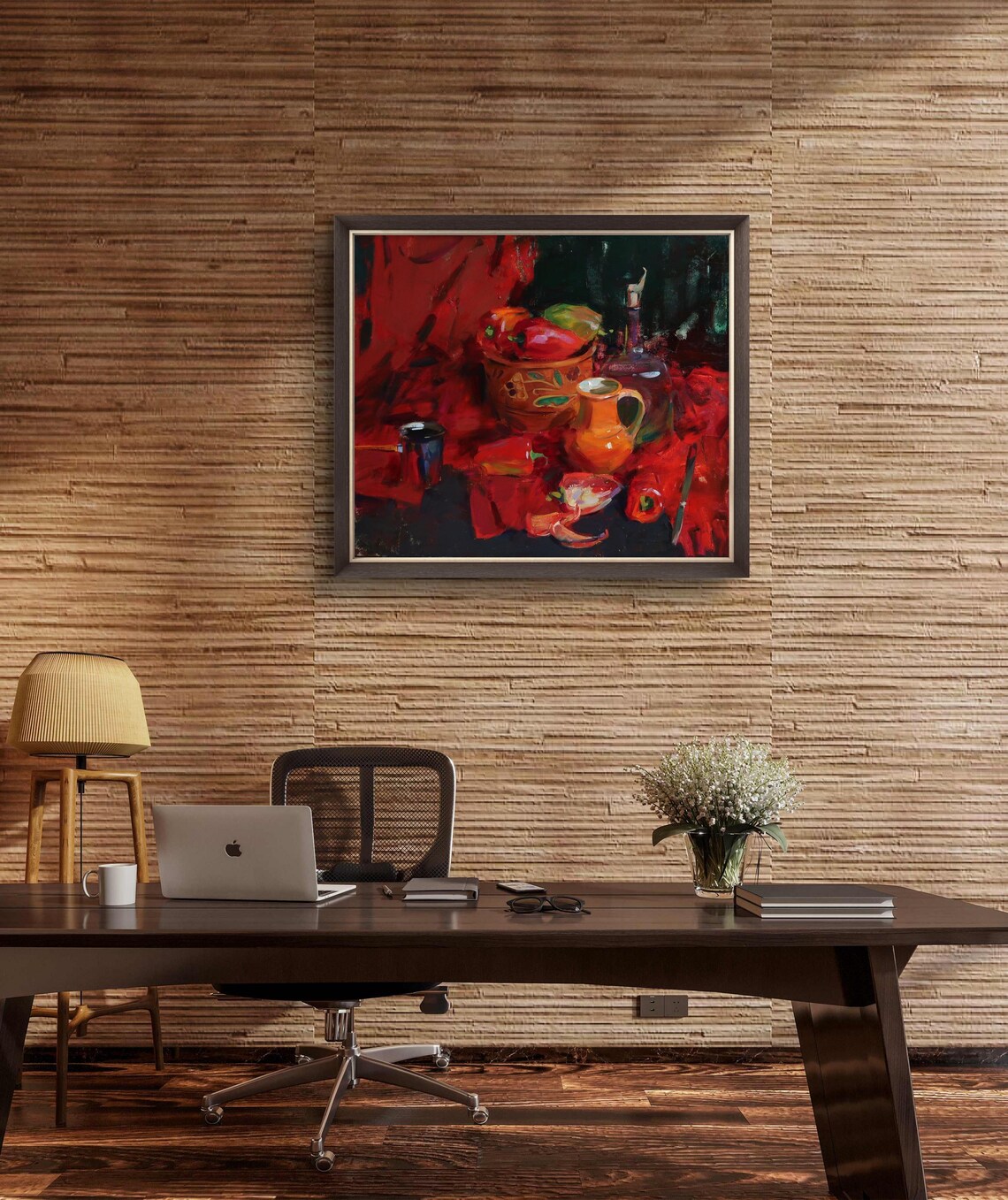 Still Life With Peppers and Pottery, Oil Painting