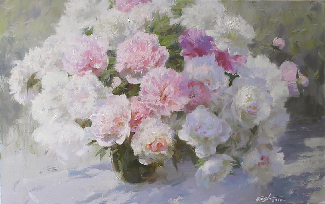 Peonies in Glass Vase, Oil-Painting-Style Art Print - Image 2
