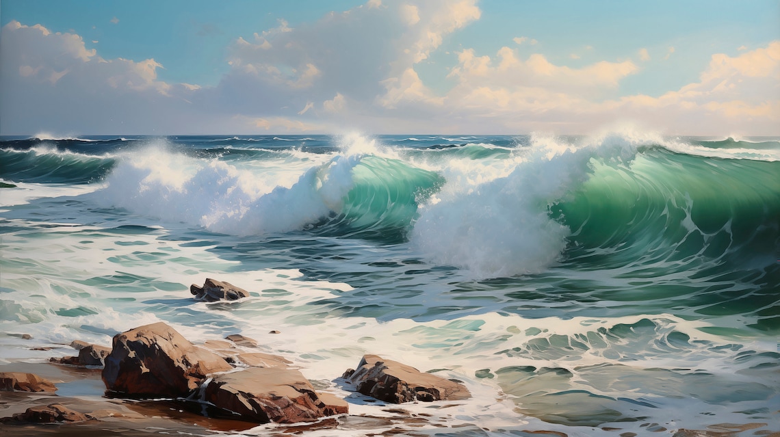 Ocean Coastal Rocks and Waves, Original Oil Painting - Image 2