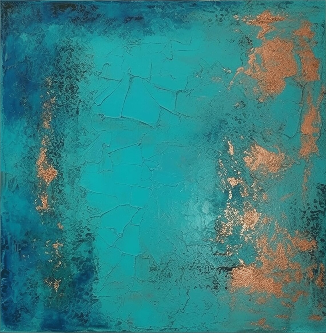 Green Abstract Painting With Gold Leaf Accents - Image 2