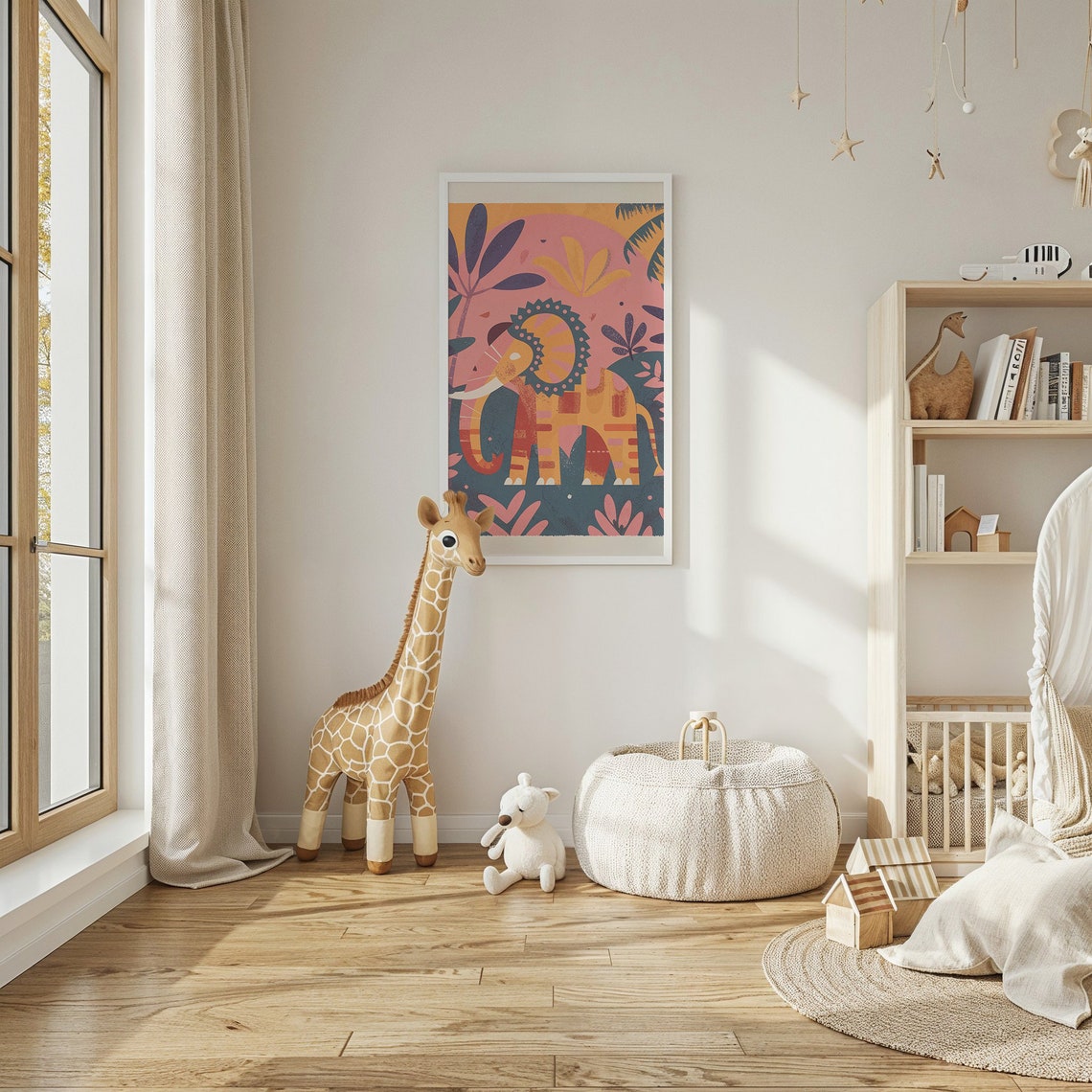 Bold Patterned Orange Elephant Pink Sun Jungle Nursery Poster - Image 3