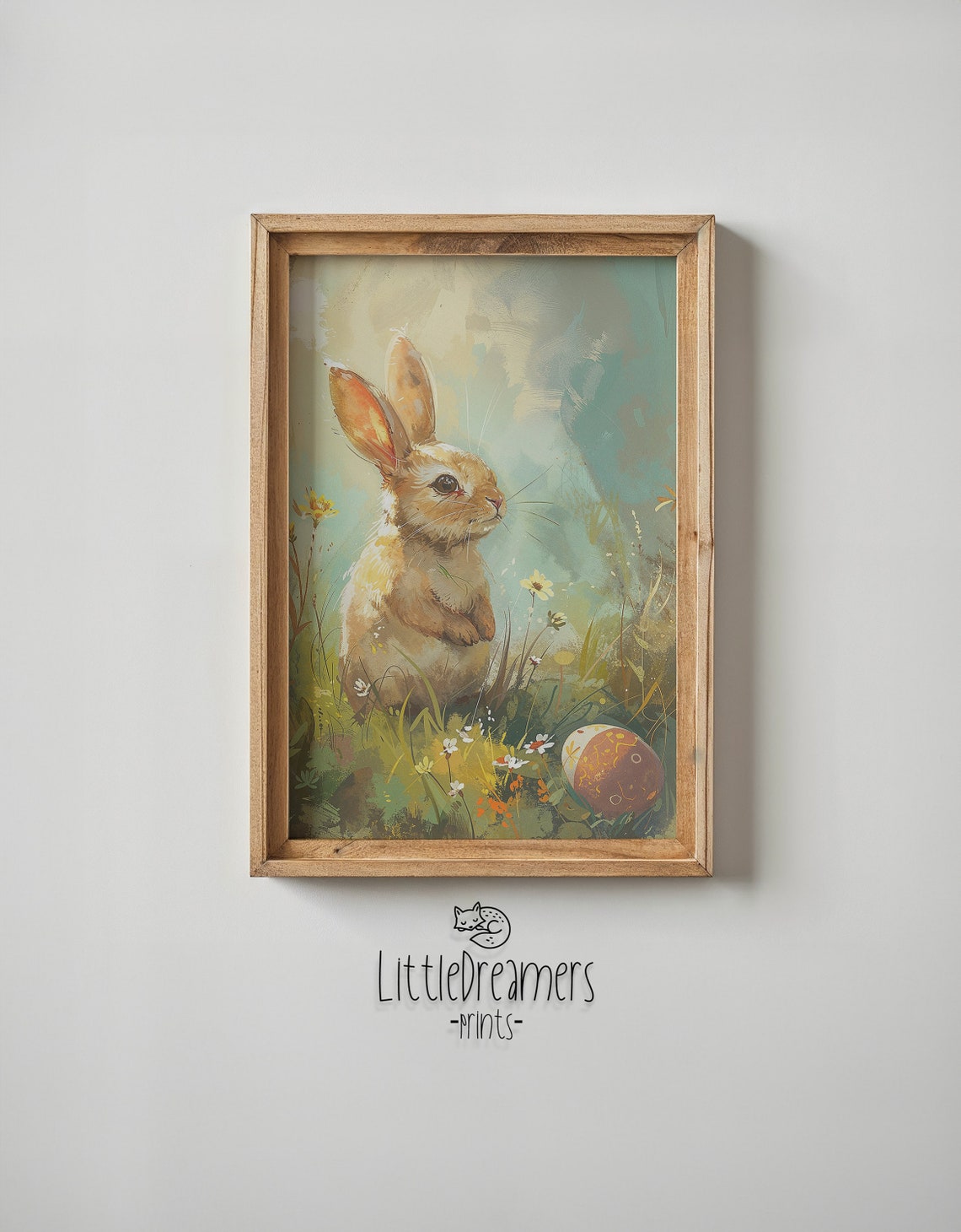 Golden Bunny Watercolor Meadow Wildflower Easter Egg Nursery Poster