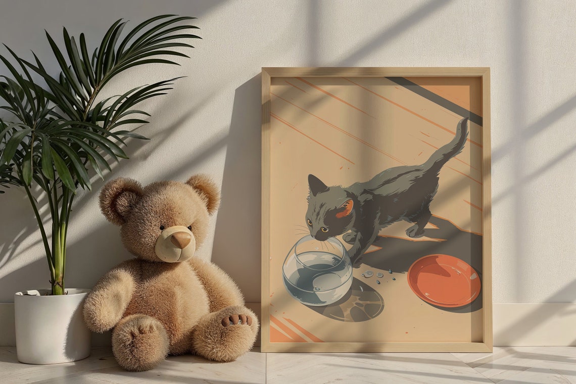 Grey Kitten Drinking Water Glass Orange Dish Sunbeam Nursery Poster - Image 5