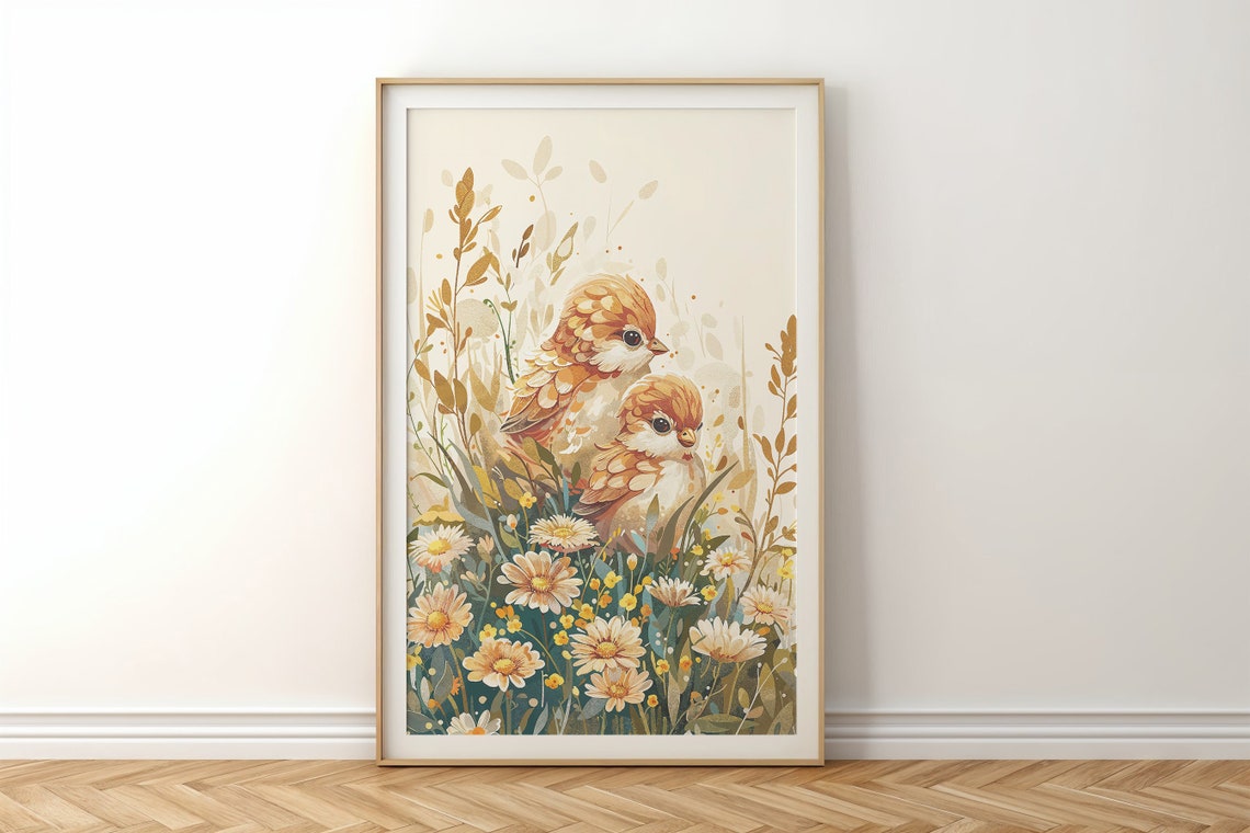 Two Baby Birds Daisy Meadow Watercolor Floral Spring Nursery Poster - Image 6