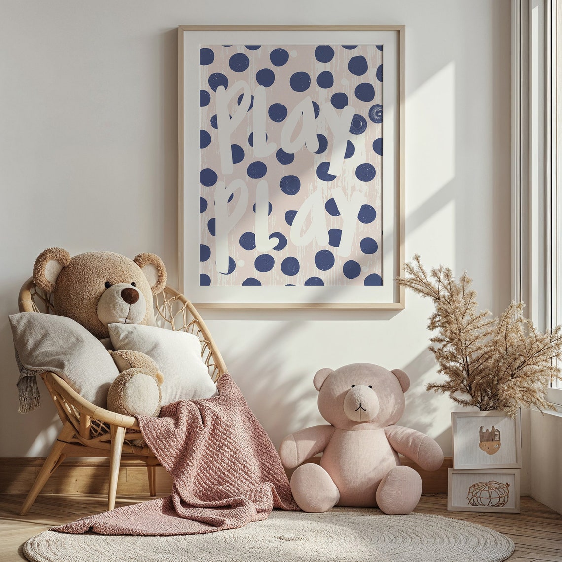 Play Play White Script Navy Polka Dot Kids Room Nursery Print - Image 4