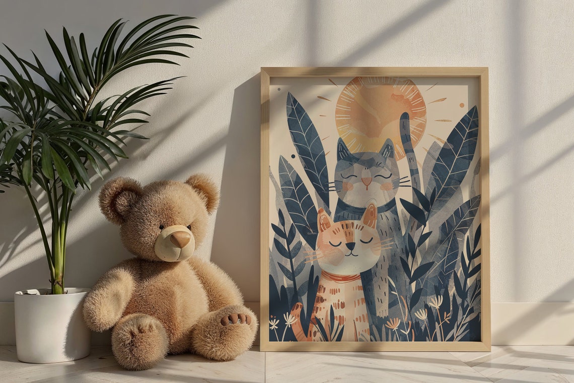 Two Cats Sun Nursery Poster Jungle Leaves Whimsical Kids Room Wall Art - Image 5
