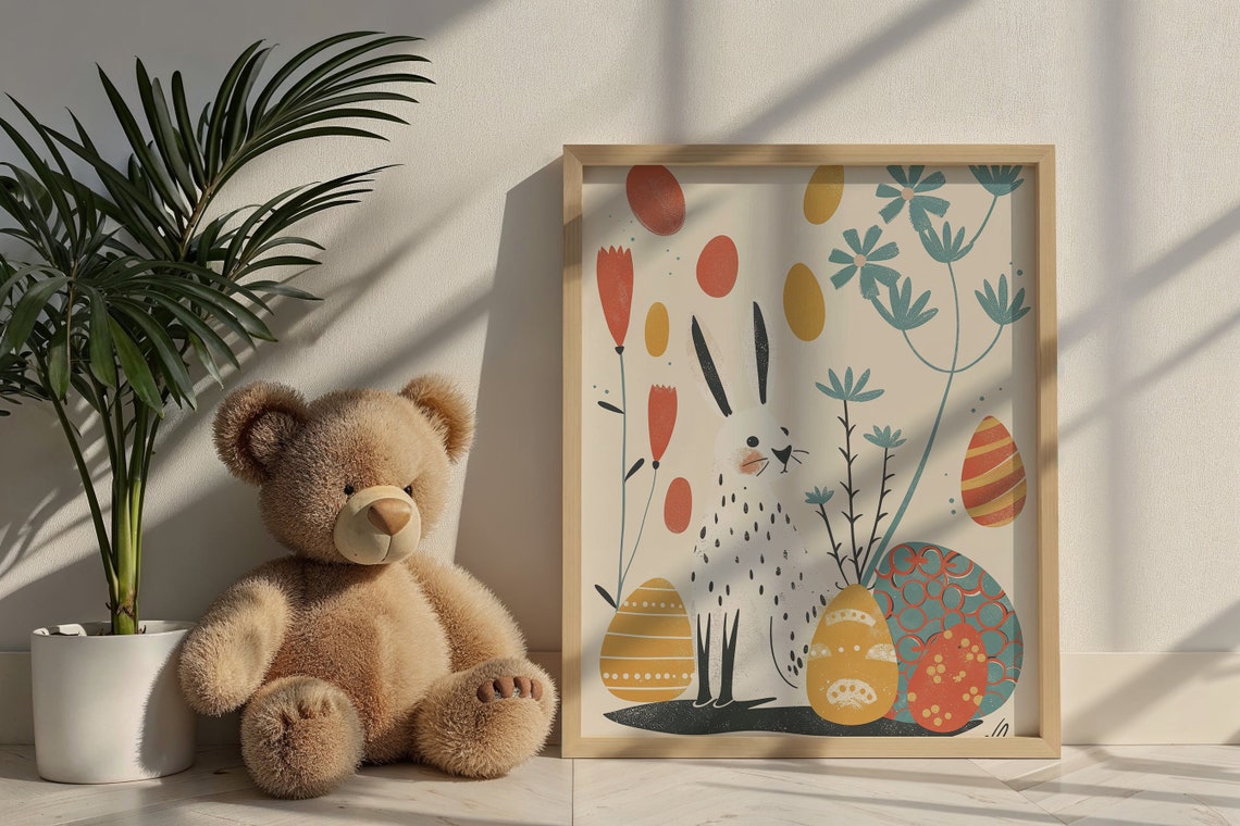 Easter Bunny Tulips Patterned Eggs Mid Century Kids Room Poster - Image 6