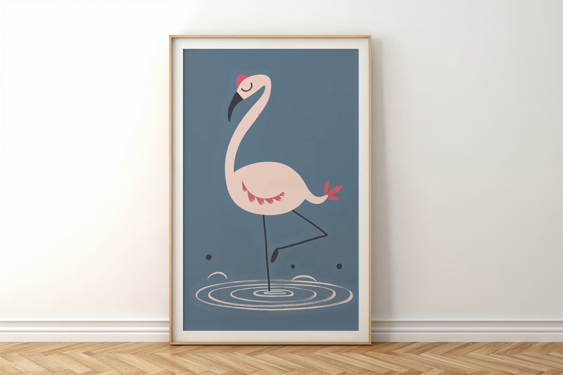 Pink Flamingo One Leg Water Ripples Dark Teal Kids Nursery Art Poster - Image 4