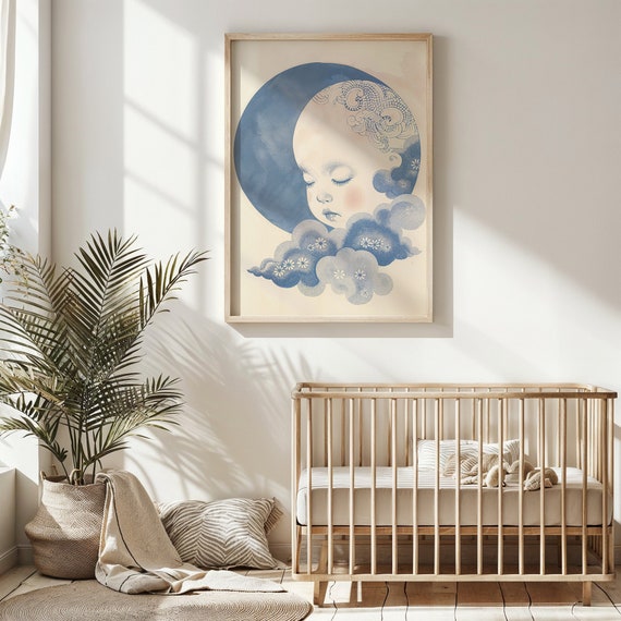 Dreamy Moon Child Nursery Wall Art Celestial Baby Face With Clouds Print Kids Room Decor Tranquil Sleeping Baby Poster Gift