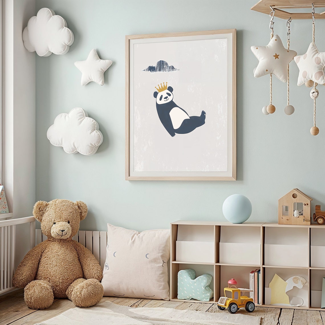 Navy Panda Gold Crown Minimalist Beige Neutral Kids Room Wall Poster - Image 2