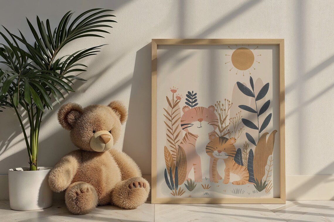 Tiger And Cub Nursery Poster Sun Grassland Playful Kids Room Art - Image 5