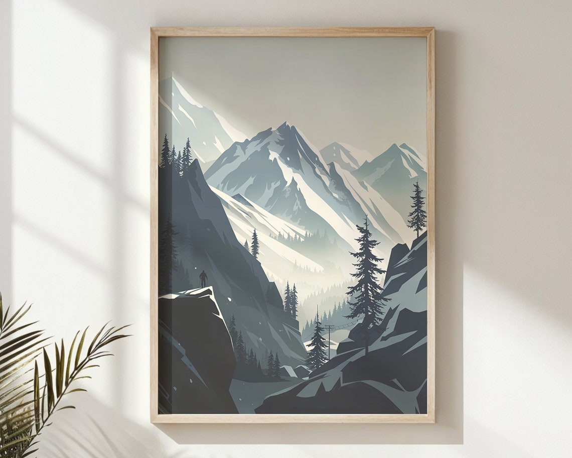 Snowy Mountain Valley Lone Hiker Misty Blue Winter Travel Poster - Image 5