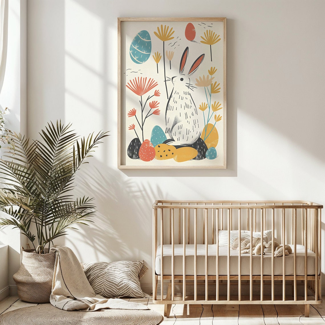 Tall Bunny Silhouette Wildflowers Colorful Eggs Scandinavian Poster - Image 3