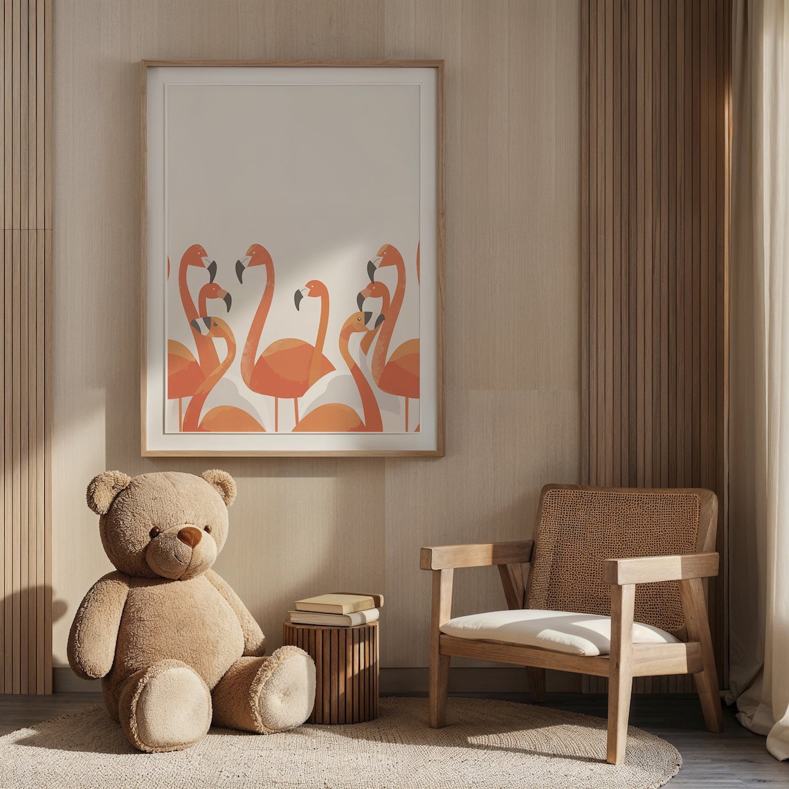 Orange Flamingos Row Airy White Space Landscape Nursery Bird Poster