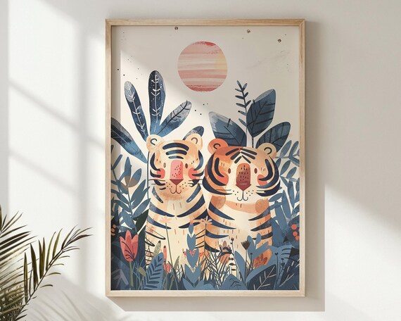 Two Tigers Jungle Nursery Poster Sun Foliage Playful Safari Kids Art