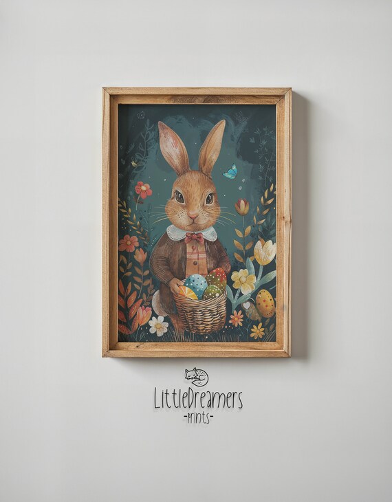 Dapper Brown Bunny Bow Tie Egg Basket Dark Floral Easter Poster