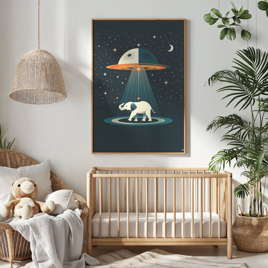 Space Elephant UFO Abduction Beam Cute Sci Fi Kids Nursery Wall Art Poster - Image 3