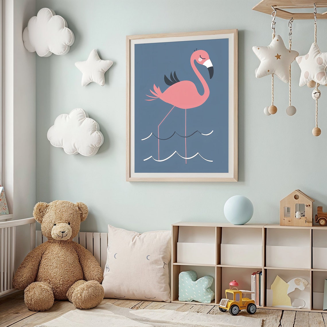 Pink Flamingo Standing In Waves Navy Blue Nursery Wall Art Poster - Image 3