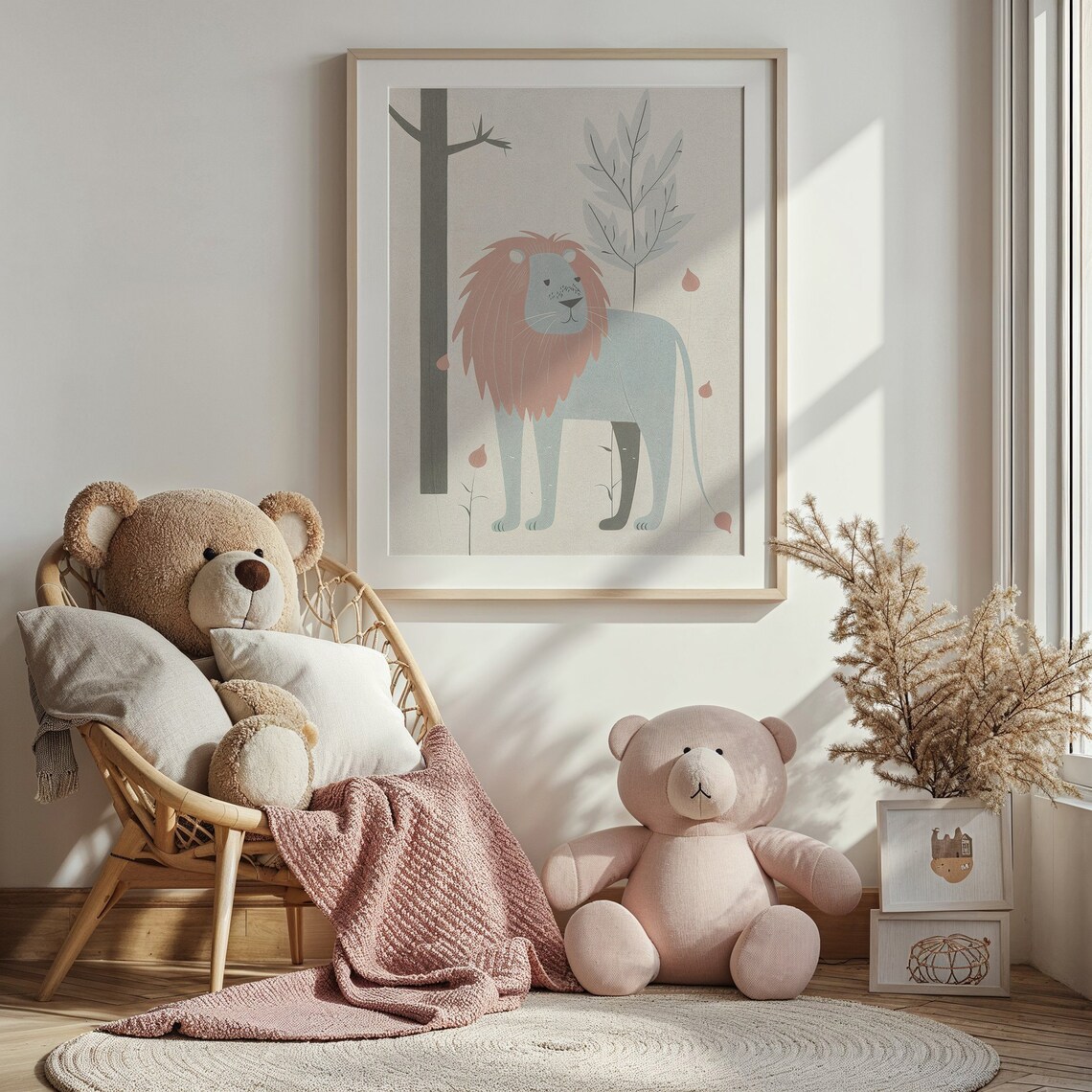 Pastel Lion With Dusty Rose Mane Minimalist Nursery Wall Art Poster - Image 4