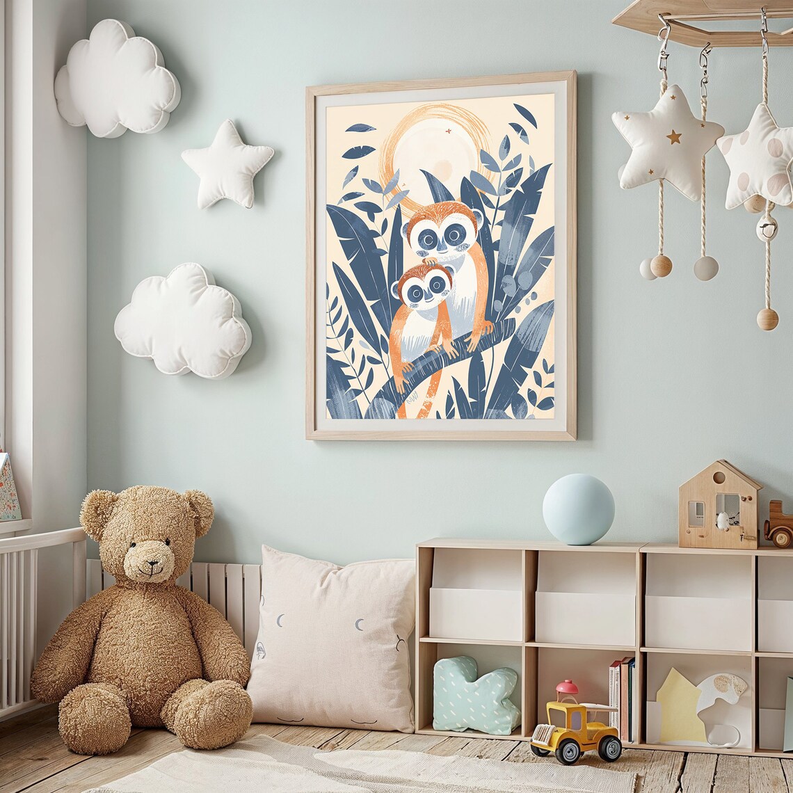 Two Monkeys Branch Nursery Poster Jungle Leaves Sun Kids Room Art - Image 2