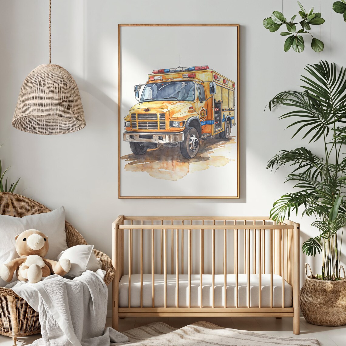 Yellow Watercolor Fire Truck Front View Kids Room Emergency Poster - Image 2