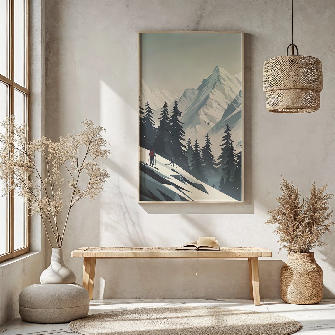 Skiers Climbing Snowy Slope Pine Forest Mountain Winter Travel Poster