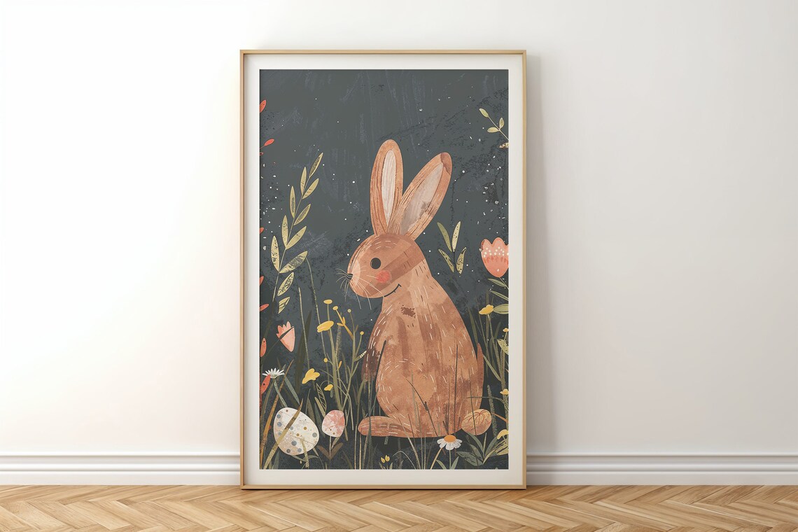 Brown Bunny Night Meadow Golden Grasses Speckled Eggs Folk Poster - Image 6