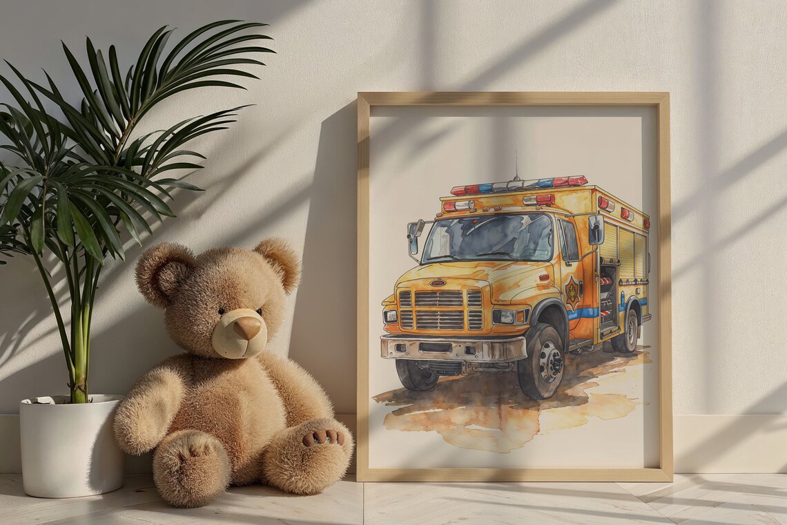 Yellow Watercolor Fire Truck Front View Kids Room Emergency Poster - Image 6