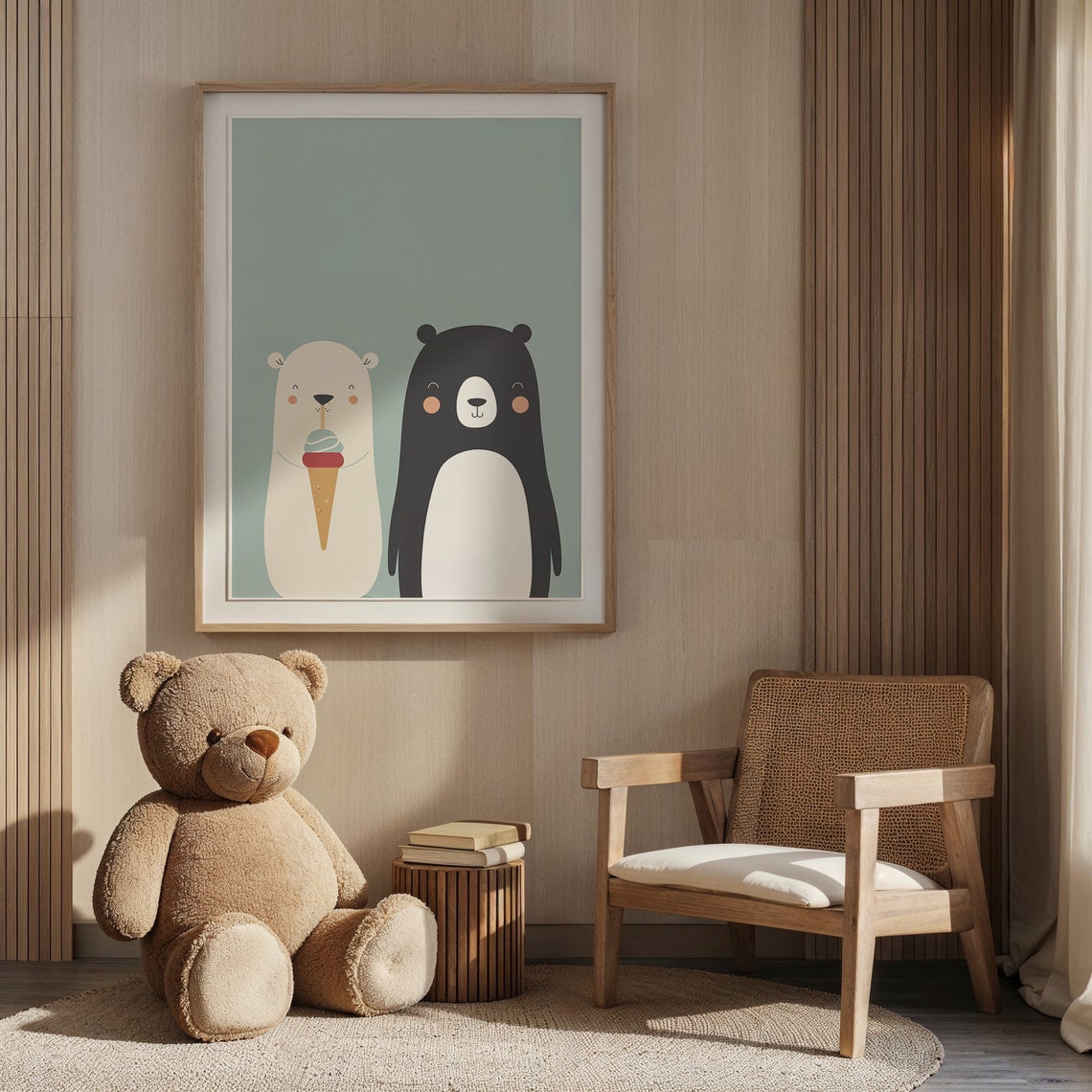 Two Bears Friends Ice Cream Cone Mint Background Kids Room Poster