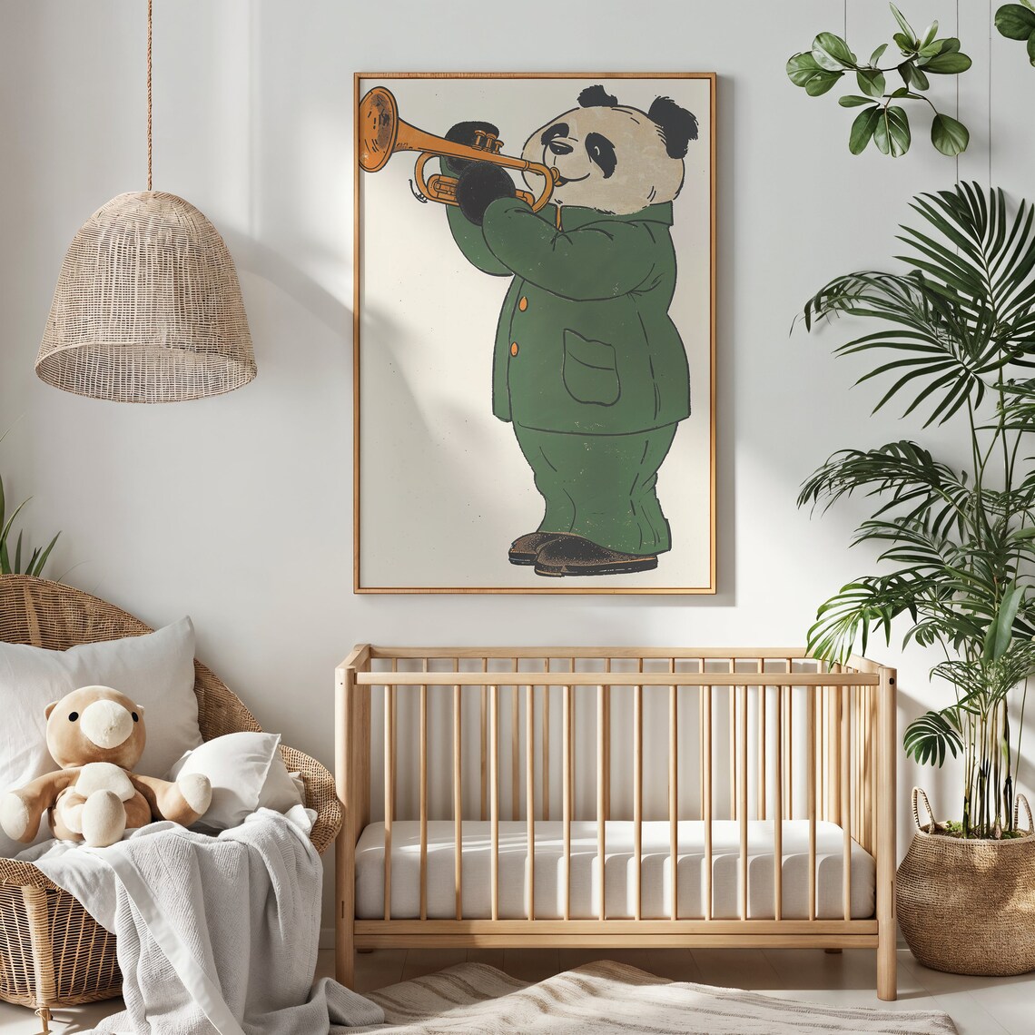 Panda Playing Orange Trumpet Green Suit Kids Music Room Wall Poster - Image 2