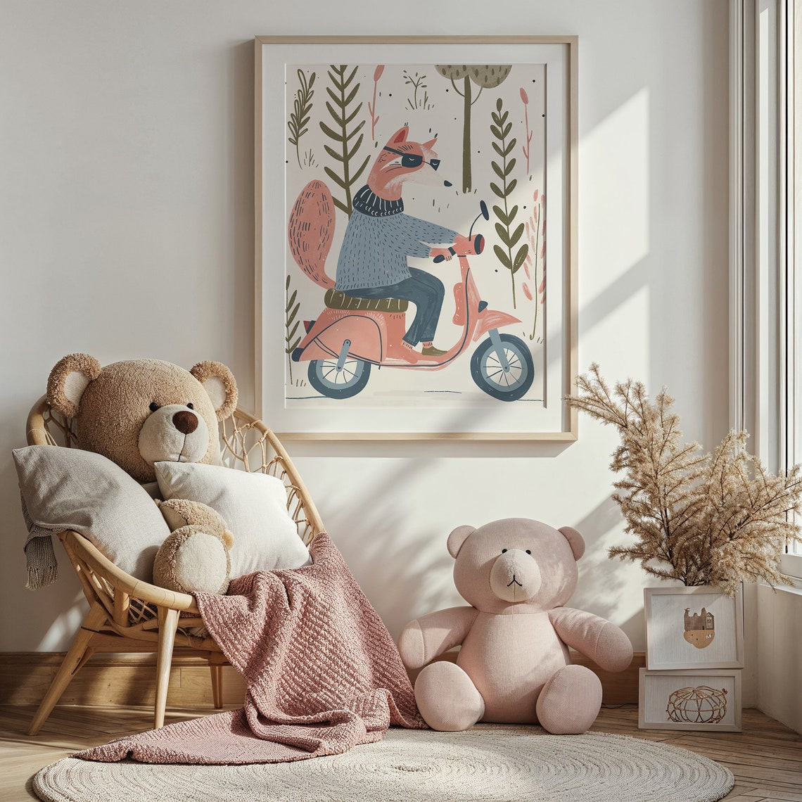 Cool Fox Riding Pink Scooter Nursery Poster Sunglasses Kids Room Art - Image 2