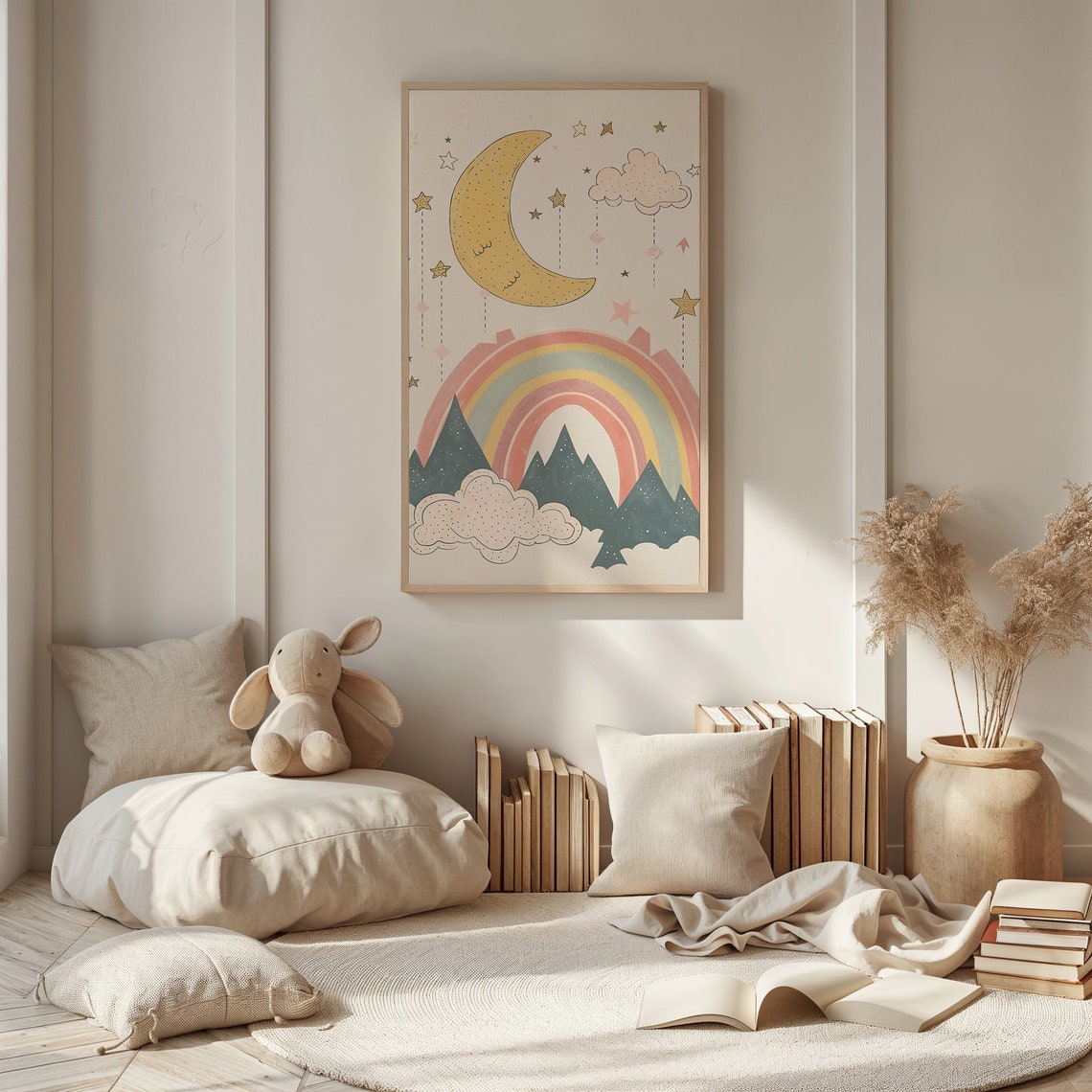 Pastel Rainbow And Moon Print Nursery Wall Art Mountain Scene Kids Posters Decor Instant Night Sky Illustration - Image 2