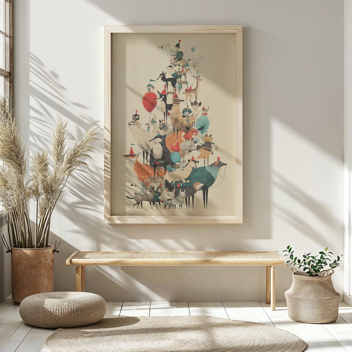 Whimsical Stacked Animals Tower Party Hats Vintage Kids Poster - Image 5