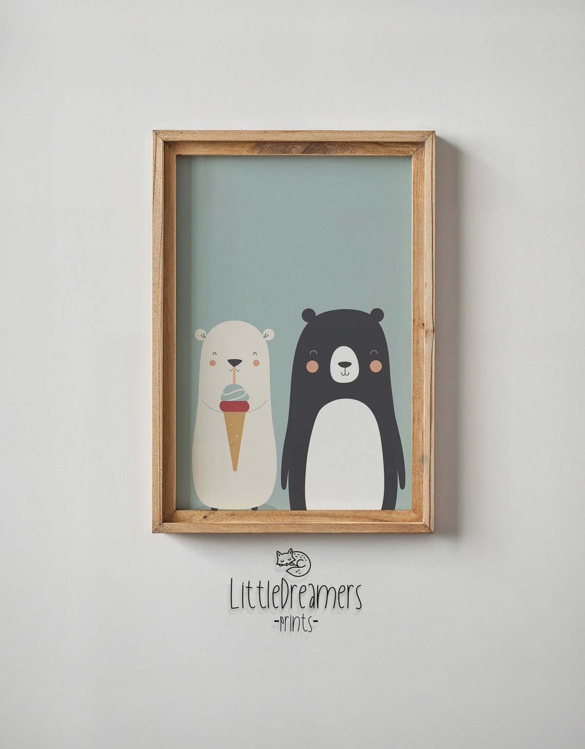 Two Bears Friends Ice Cream Cone Mint Background Kids Room Poster - Image 4