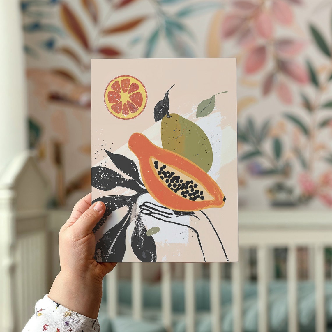 Hand Holding Papaya Blood Orange Monstera Modern Tropical Art Print - Image 2