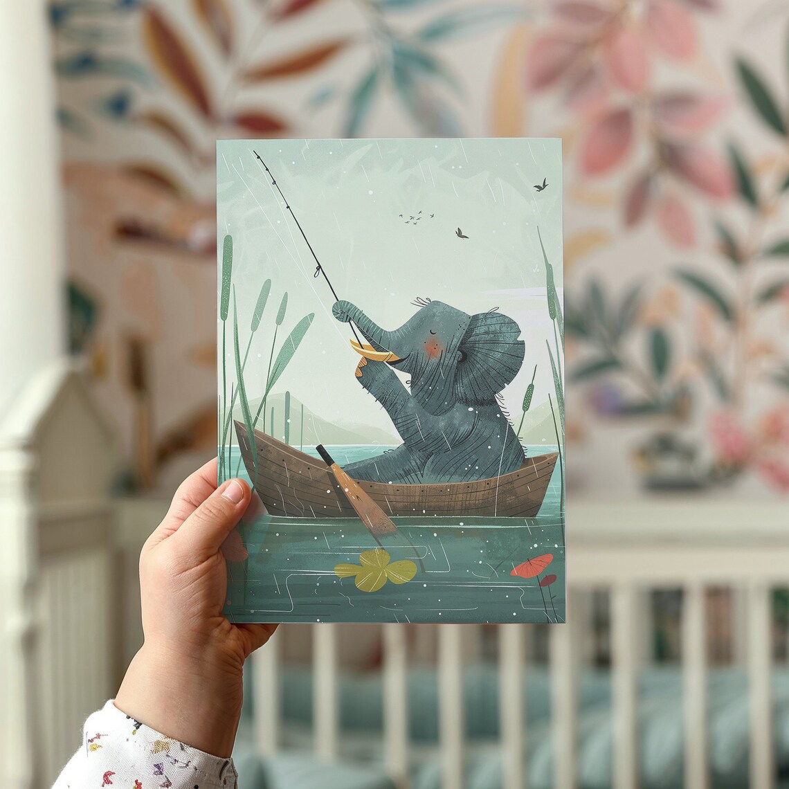 Elephant Fishing From Boat In Rain Whimsical Kids Nursery Wall Art Poster - Image 2