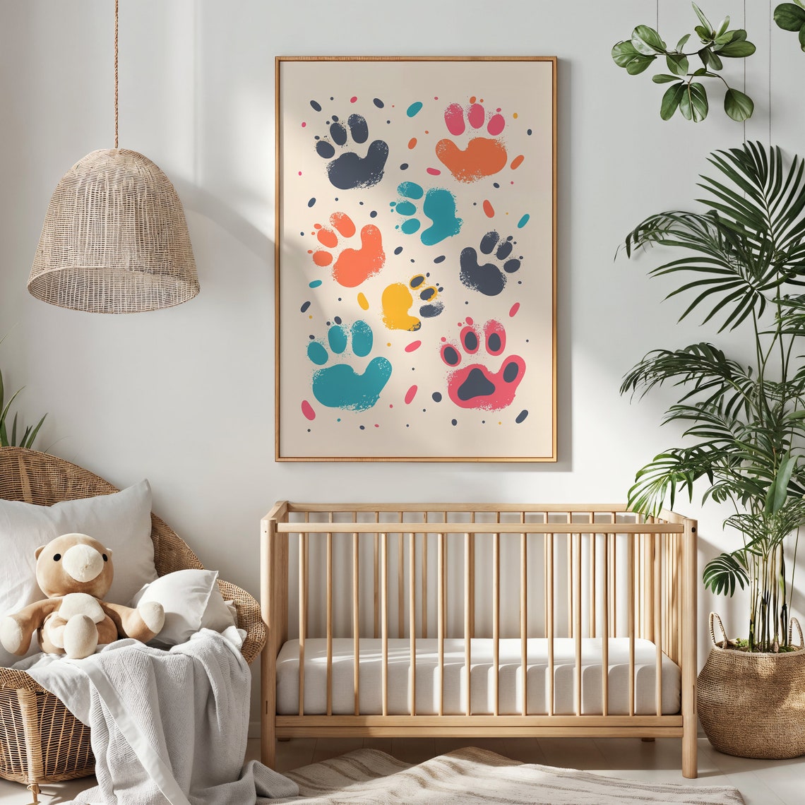 Watercolor Paw Prints Splash Cream Background Kids Nursery Art Poster - Image 2