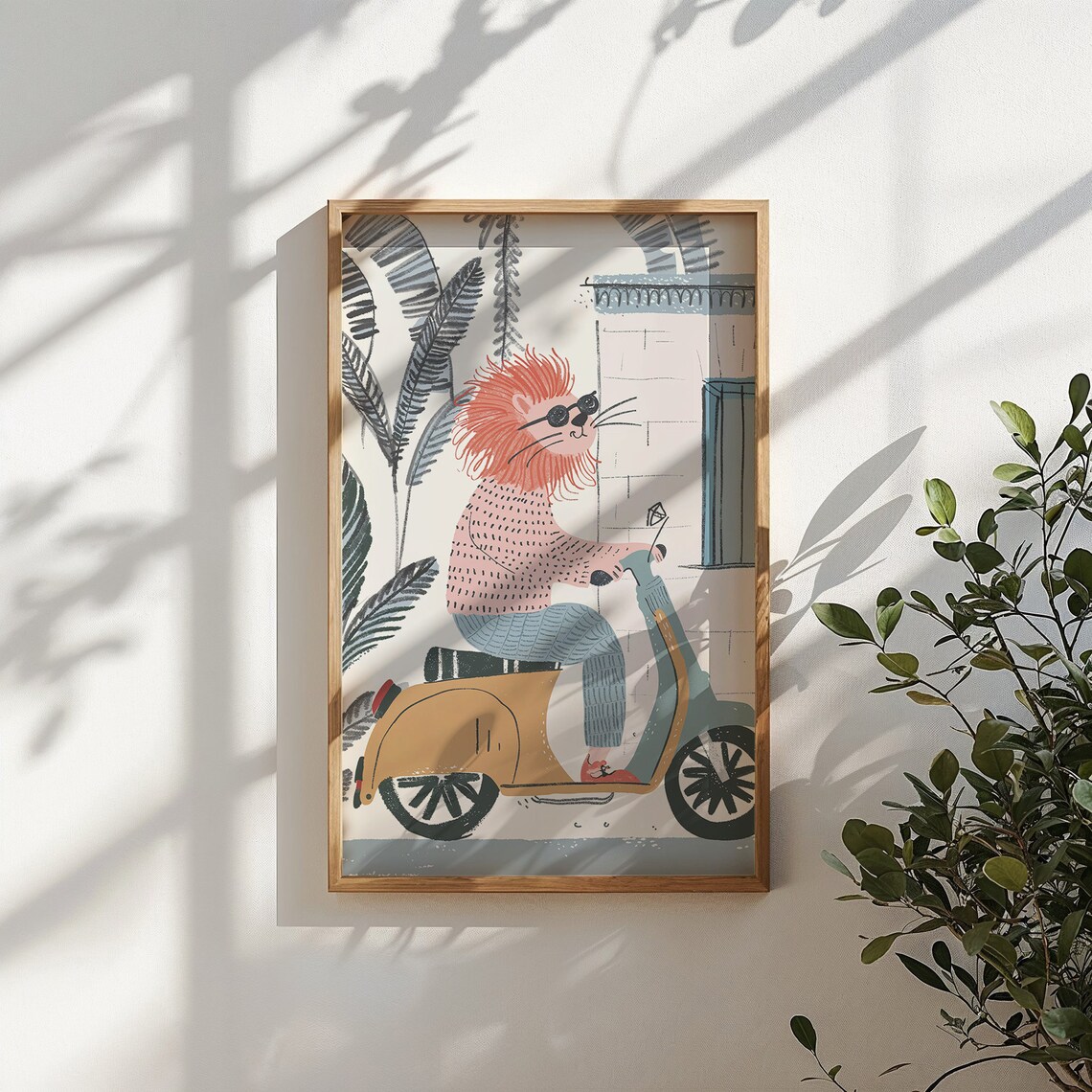 Cool Lion Riding Scooter Nursery Poster Sunglasses Playful Kids Art - Image 5