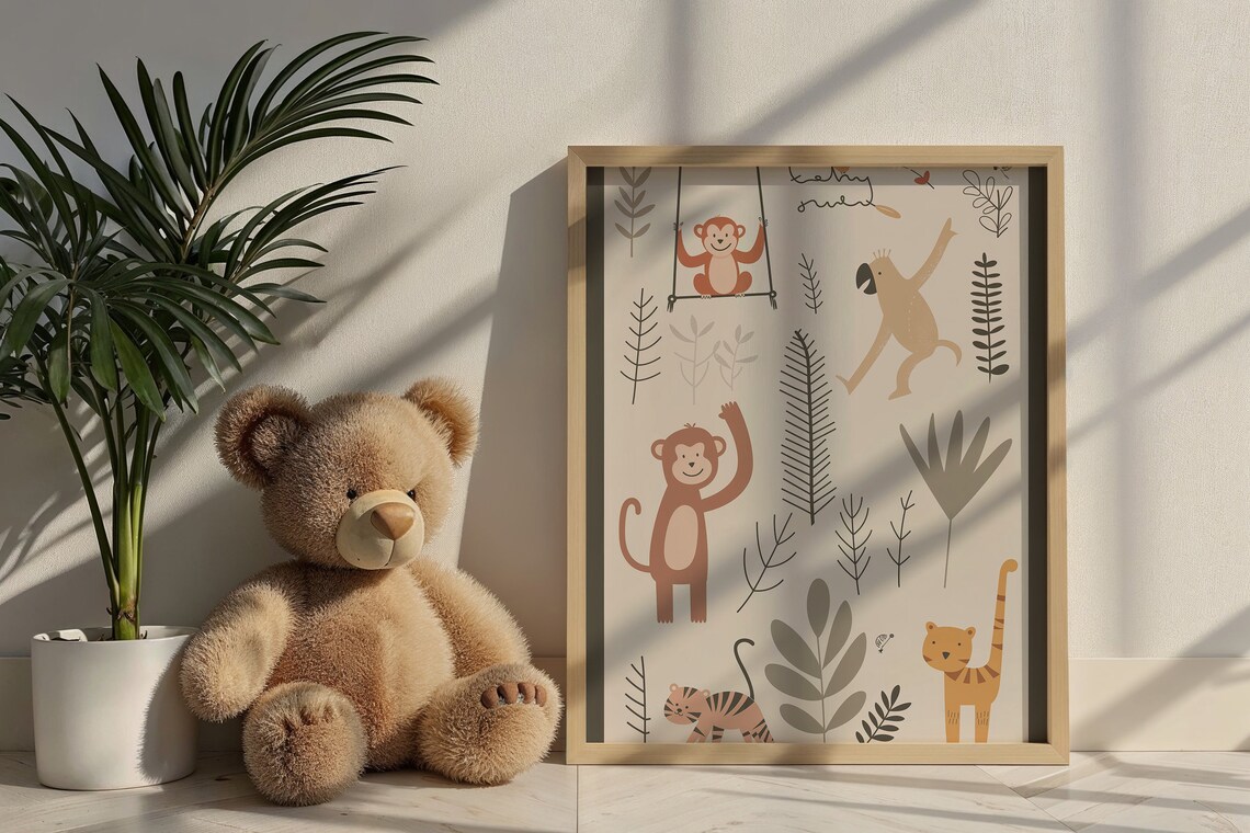 Jungle Monkeys Tigers Nursery Poster Botanical Leaves Kids Safari Art - Image 5
