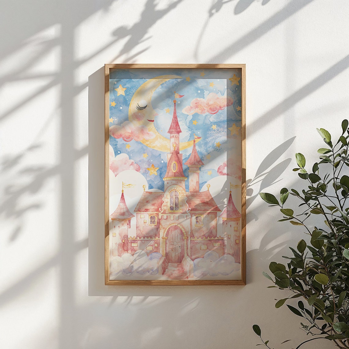 Pink Fairytale Castle Sleeping Moon Watercolor Nursery Wall Poster - Image 4