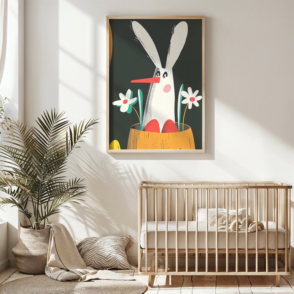 Playful Bunny Peeking Easter Basket Flowers Bold Cartoon Poster - Image 3