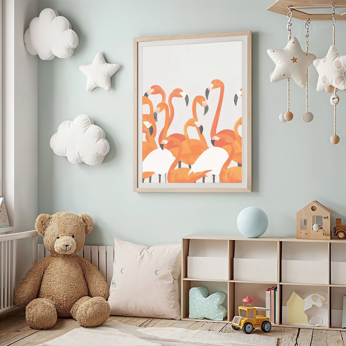 Orange White Flamingo Crowd Tropical Nursery Wall Art Kids Bird Poster - Image 3