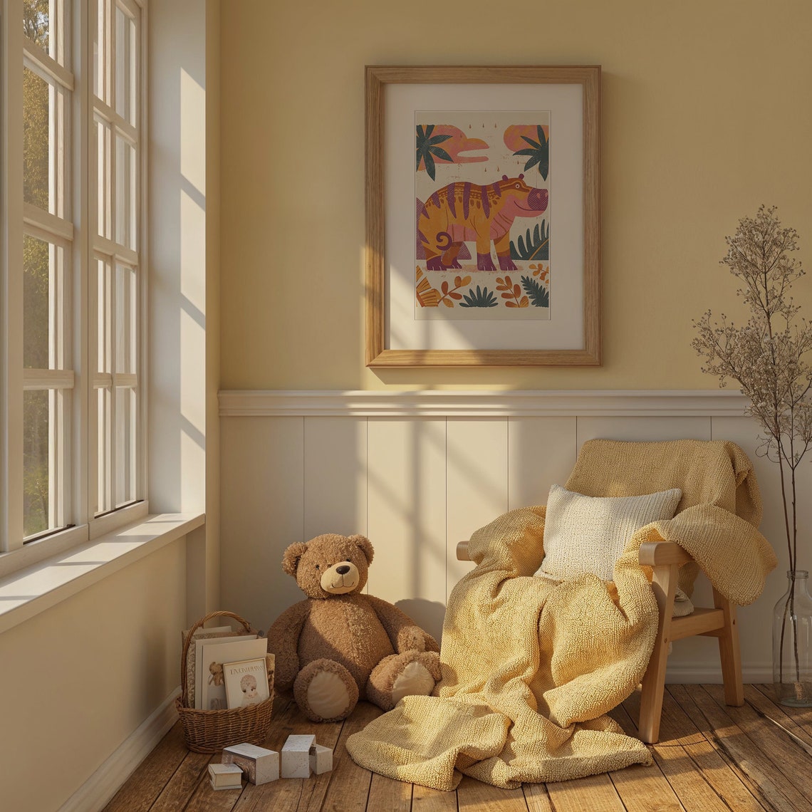 Colorful Patterned Hippo Among Tropical Plants Kids Room Poster - Image 2