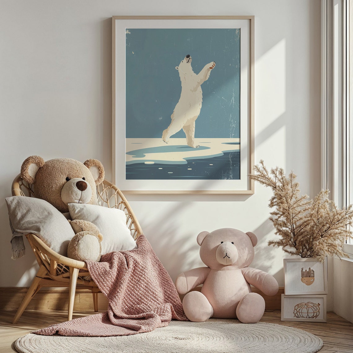Joyful Polar Bear Reaching Up Ice Floe Blue Sky Arctic Art Poster - Image 4
