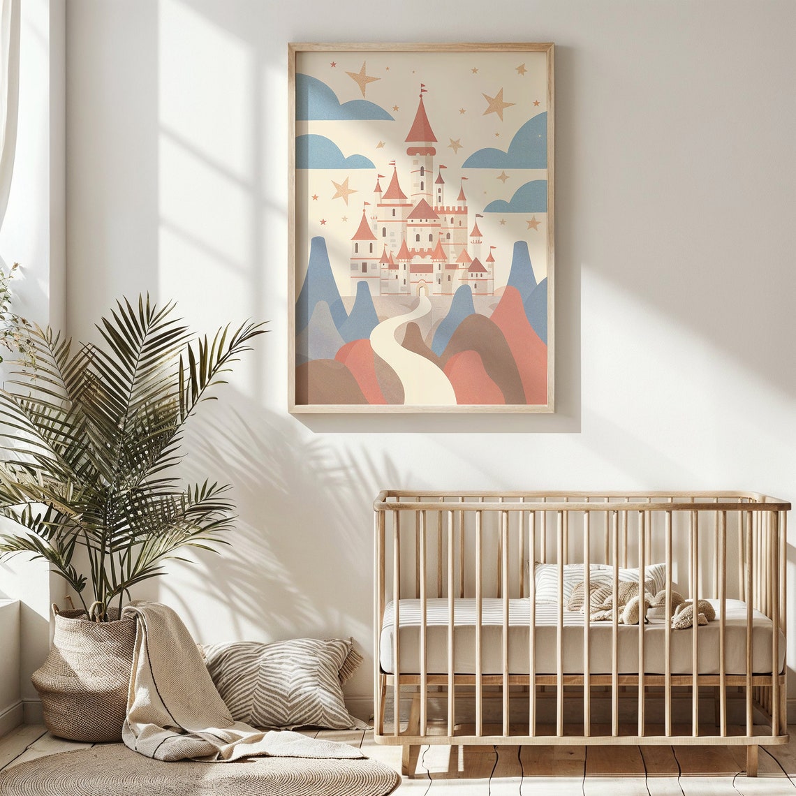 Whimsical Castle Red Spires Winding Road Colorful Hills Starry Poster